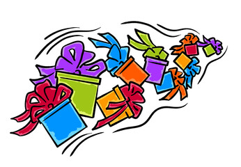 Gift box with bow, hand drawn illustration. Cartoon style drawing. Decorative element for poster print, Christmas party invitation, birthday, wedding celebration, anniversary event, sale discount