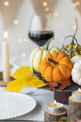 Idea for a beautiful autumn setting for thanksgiving family dinner or wedding. Orange pumpkin as decor. Cozy fall home atmosphere.