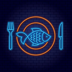 Neon emblem of a fish restaurant. Serving a fish dish on a plate, cutlery fork and knife. Vector illustration, top view