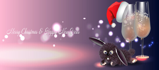 Template for holiday banner with champagne glasses and a cute bunny