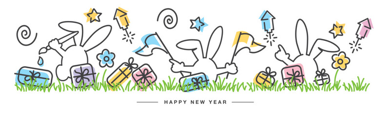 Happy new year 2023 chinese year of the rabbit. New Year 2023 celebration with big firework, hand draw rabbits and gift boxes on a white background