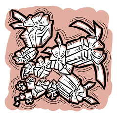 Gift box with bow, hand drawn illustration. Cartoon style drawing. Decorative element for poster print, Christmas party invitation, birthday, wedding celebration, anniversary event, sale discount