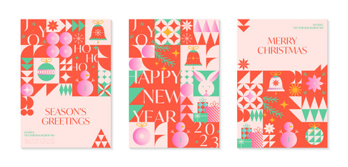 Christmas and Happy New Year greeting banners templates.Festive vector backgrounds in bauhaus style.Traditional winter holiday symbols.Xmas trendy designs for branding,invitations,prints,social media