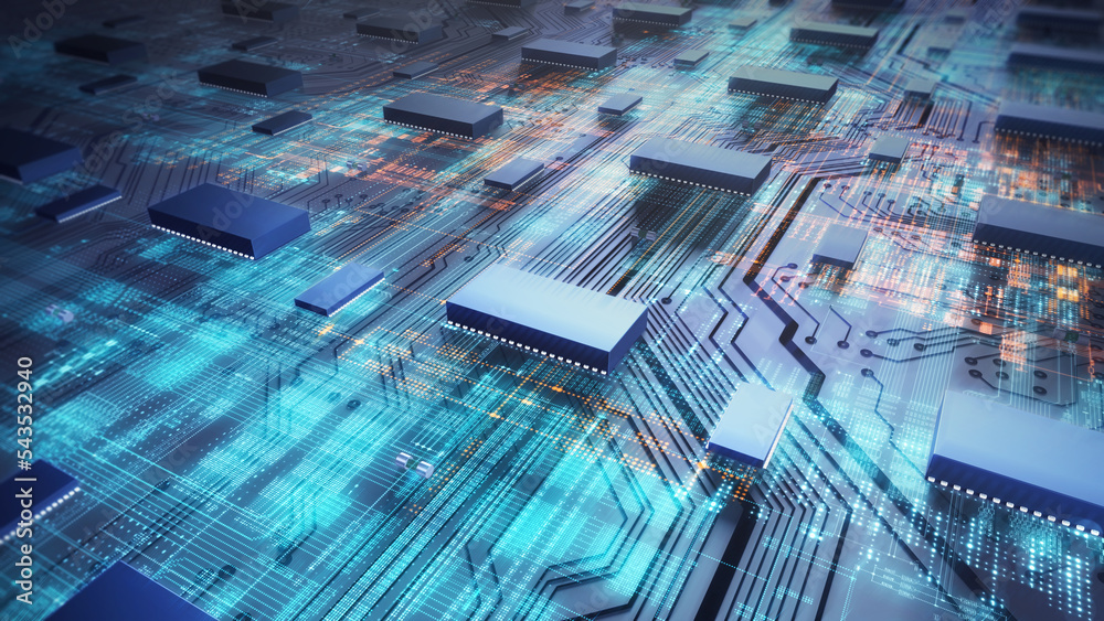 Poster Technology background of the abstract computer motherboard, can be used in the description of technological processes, science, education. Can be used as digital dynamic wallpaper. 3d rendering