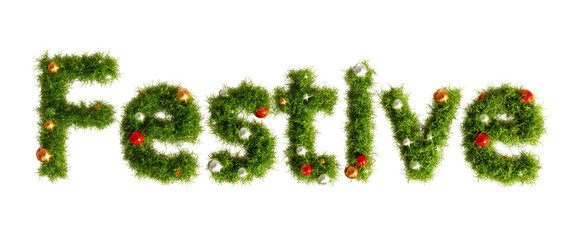 Beautiful christmas wreath in the shape of text Festive on transparent background, top view with space for text (RGBA 3D Rendering PNG)	