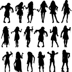 Pack of walking-dead female silhouette zombies on the white background