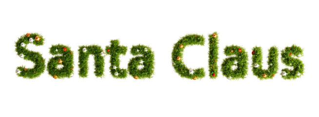 Beautiful christmas wreath in the shape of text Santa Claus on transparent background, top view with space for text (RGBA 3D Rendering PNG)	