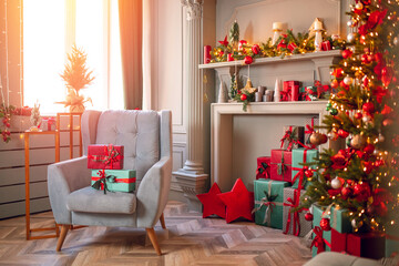 Happy new year interior christmas background. Red Decorated glowing tree, armchair with gifts box, fireplace with candles sunlight