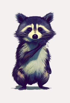 Illustration of a raccoon with a cute face holding a hand near face, white background