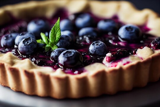 3D rendering of a delicious blueberry pie with a mint leaf on top