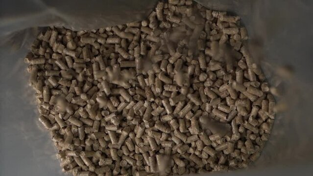 Small wood fuel pellets fall in cells of conveyor belt. Conveyor delivers pellet product to storehouse. Production of firebox material and pet litter