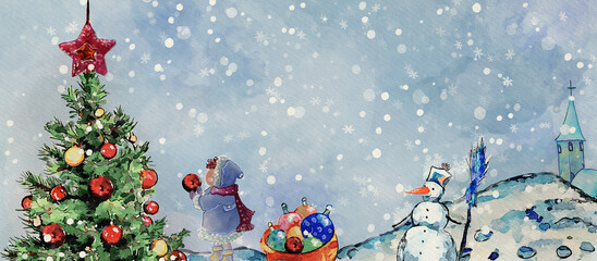 Little girl decorating Christmas tree. Watercolor design