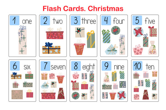 Christmas gifts flash cards topical number and vocabulary learning printable, educational English worksheet for kids, nursery, kindergarten, pre-school or leisure activity, teachers resources, games