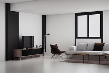Minimal style Modern white living room with blank white wall for copy space 3d render,The Rooms white floors ,decorated with brown furniture,There are large open sliding door Overlooking nature view.