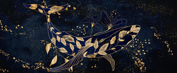 Abstract luxury dark blue art background with whale and leaves pattern in gold line style. Banner with hand drawn floral and animal pattern for wallpaper design, print, textile, decor, packaging © VectorART