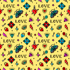 Old school tattoo seamless pattern with love symbols. Design For Valentines Day