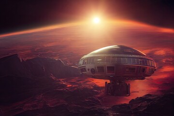 A flying saucer is soaring through space. It is unidentified flying object, high up in the sky of red planet Mars. It is a vision of an alien invasion and extraterrestrial life. 3D rendering.