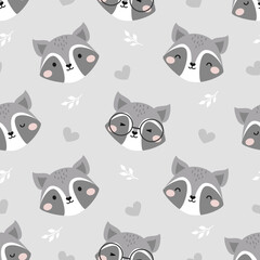 Seamless Vector Pattern with Cute Raccoon. Childish Forest Cartoon Animals Background. design for fabric, wrapping, textile, wallpaper, apparel and more