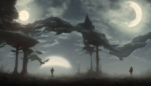 matte painting of the doomsday at night, moon, forest, digital art, game art, background
