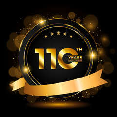 Anniversary celebration template design. Golden number 110 with sparkling confetti and ribbon, Vector illustration EPS10
