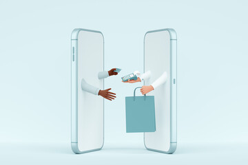 Stylized cartoon hands holding pos terminal, credit card and bag through screens mobile phones. Concept of modern selling, online shopping on the smartphone. 3d render, illustration. Pastel teal color