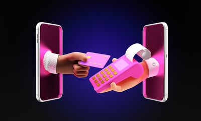 Hand holding a credit card and hand holding a POS terminal through screens mobile phones. Concept of modern selling, online shopping on the smartphone. 3d render, illustration. Pink blue neon color