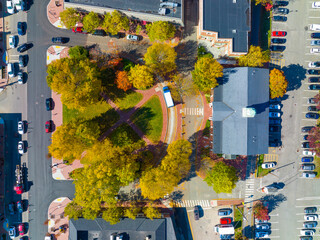 Lexington town center and Historical Society building aerial view in fall at Depot Square on Massachusetts Avenue, town of Lexington, Massachusetts MA, USA. 