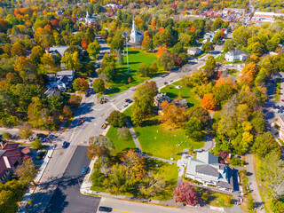 Lexington town center aerial view in fall including Visitor Center, Lexington Common and First Parish Church, town of Lexington, Massachusetts MA, USA.  - obrazy, fototapety, plakaty