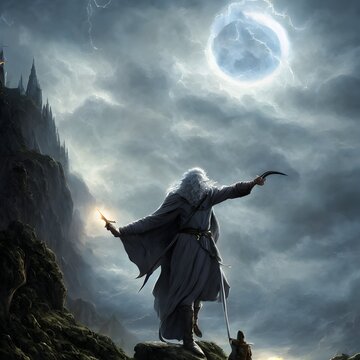 magician casts a lightning bolt, fantasy background,