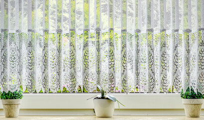 Fensterbank mit Gardine und Pflanzen