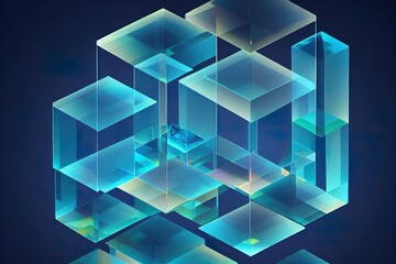 Crystal cubes or blocks with refraction effect of rays in glass. Clear square boxes of acrylic or plexiglass with holographic gradient on blue background, dispersion light, 3d render illustration