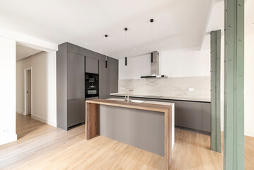 Fototapeta na wymiar Kitchen with smooth gray cabinets, black and stainless steel appliances, island with wooden countertop and minimalist design
