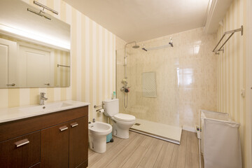 Fototapeta na wymiar Spacious cloakroom with square frameless mirror, glass-enclosed shower stall and white toilets