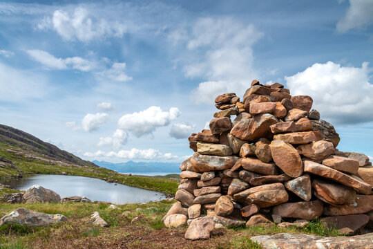 Rock stack and pool,summit of Bealach na Ba mountain pass,Highlands of Scotland,United Kingdom.