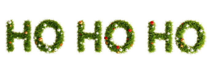 Beautiful christmas wreath in the shape of text HO HO HO on transparent background, top view with space for text (RGBA 3D Rendering PNG)