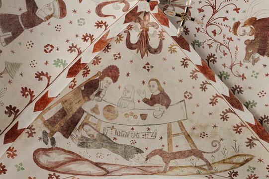 500 years old wall-painting depicting Rich man and Lazarus