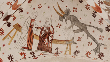 Medieval fresco with two women gossiping and a devil takes notes