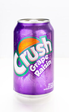 Calgary, Alberta, Canada Nov 1, 2022. A Crush Grape 355 mL can fruity flavour on a white background.