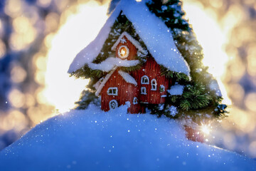 Abstract toy castle. Fairy hut. Christmas winter background. 3d image