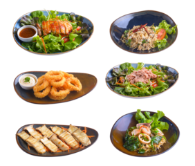 set of food Tuna, fried onions, mushrooms, squid and chicken isolated on transparent png