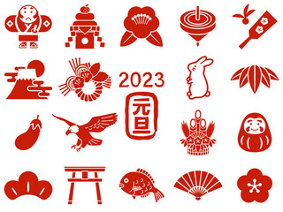 おしゃれでかわいい正月のシルエットのイラストセット【赤色】