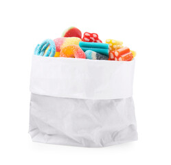 Paper bag of tasty colorful jelly candies on white background