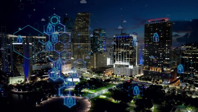 Miami United States. Aerial cyber city cityscape of smart city with futuristic cyber effect. Innovation. Nano technology. Miami Unted States. Cyber technology. Cloud computing. Digital transformation.