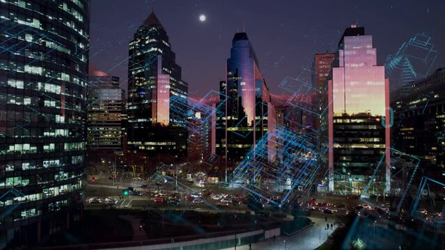 Santiago Chile. Aerial cyber city cityscape of smart city with futuristic cyber effect. Innovation. Nano technology. Santiago Chile. Cyber technology. Cloud computing. Digital transformation. 