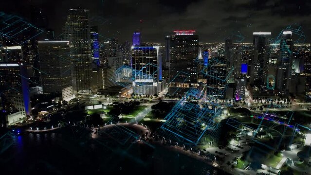 Miami United States. Aerial cyber city cityscape of smart city with futuristic cyber effect. Innovation. Nano technology. Miami Unted States. Cyber technology. Cloud computing. Digital transformation.