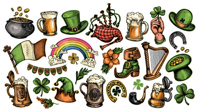 Patricks day symbols or badges collection. Set design elements for Irish holiday decoration. Color vector illustration