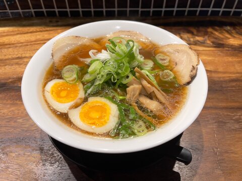 Ramen. Shoyu ramen. Traditional Japanese ramen with Shoyu soup and Chasu pork with boiled egg. Selective focus