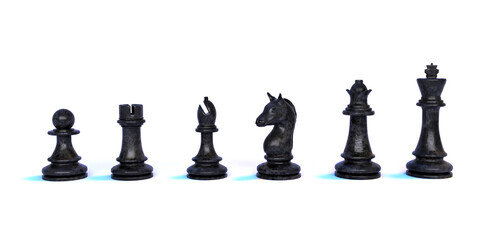A set of black chess pieces. Chess piece icons. Board game. 3d rendering isolated on white background.