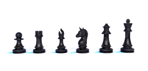 A set of black chess pieces. Chess piece icons. Board game. 3d rendering isolated on white background.