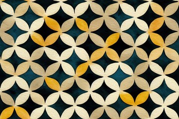 Hand painted watercolor geometric diamond shaped ogee allover seamless organic tile pattern